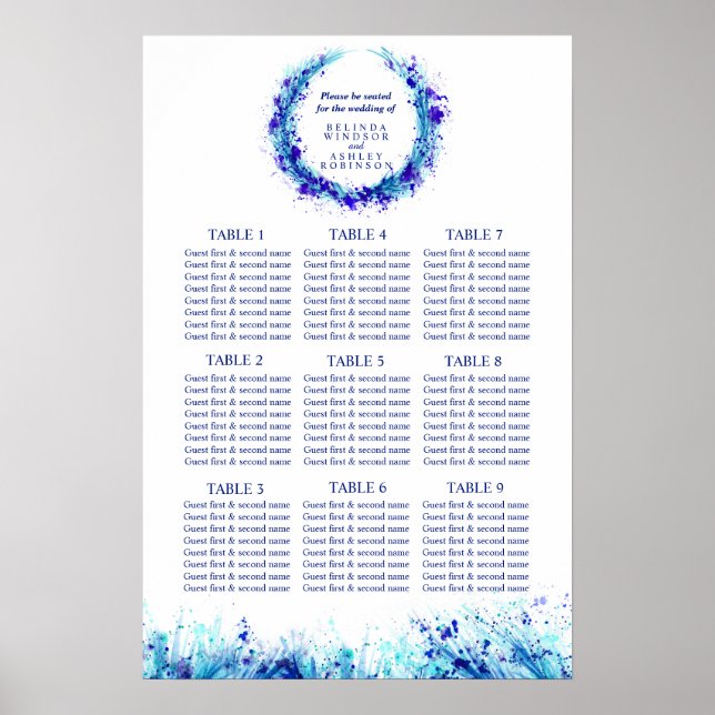 Planificador de asientos de boda de arte azul para (Frente)