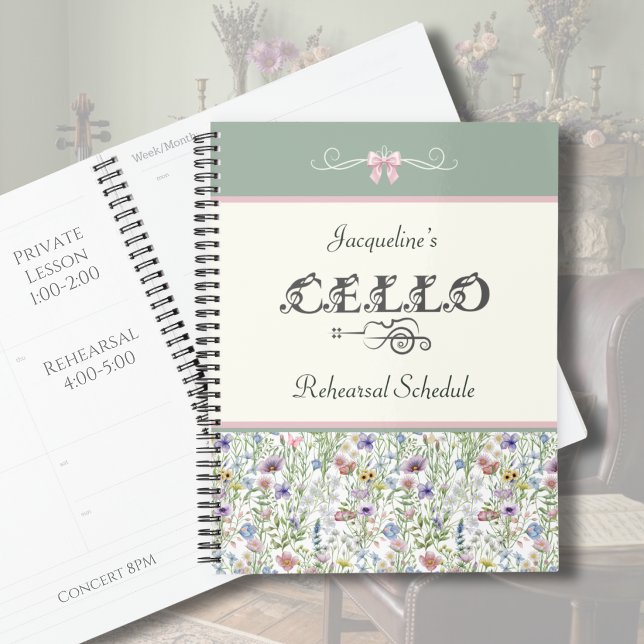 Planificador de Ensayo de Cello Prado Encantado |  (Custom Cello Rehearsal Planner | Whimsical Sage Green & Pink Wildflower | Botanical Music Gear)