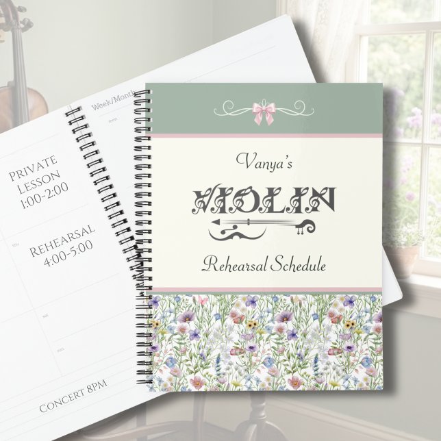 Planificador de Ensayo de Violín Floral Rosa | Ver (Personalized Violin Rehearsal Planner | Enchanted Meadow Pink Floral Aesthetic | Custom Gift)