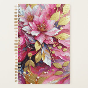 Planificador de flores rosadas y doradas