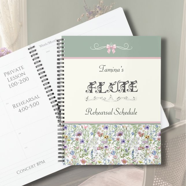 Planificador de Horario de Ensayo de Salvia de Fla (Whimsical Flute Rehearsal Planner | Pink Floral & Sage Green Botanical Aesthetic Music Gift)