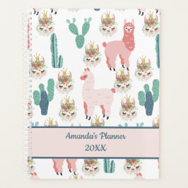 Planificador de Llama Rosa Lindo y Cactus Verde