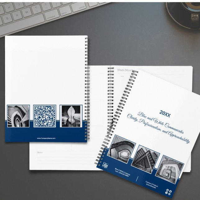Planificador de negocios promocional Blue & White  (Promotional Blue & White Collage Business Planner, Tagline, QR code, 5 Images)