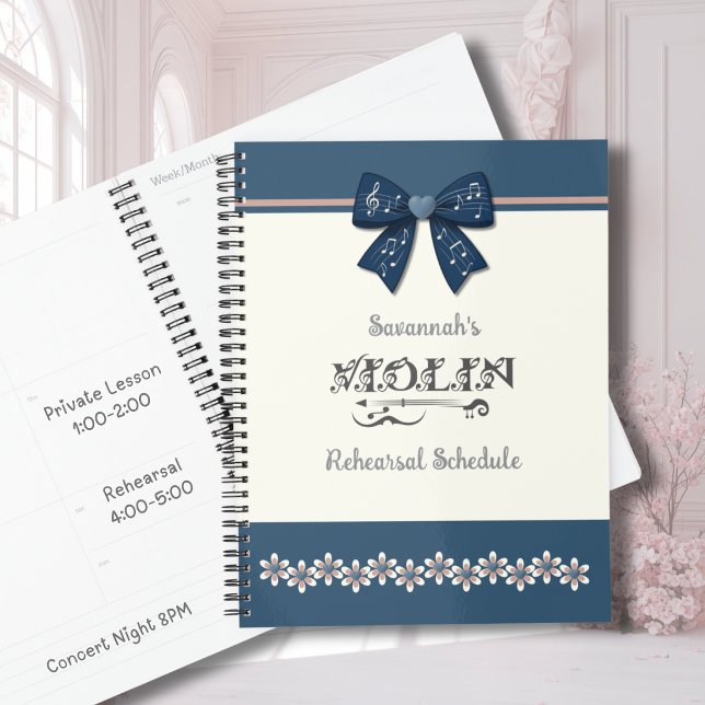 Planificador de Orquesta de Violín de Lazo Coqueto (Pretty blue coquette bow violin planner for teen girls to manage orchestra and recital schedules.)