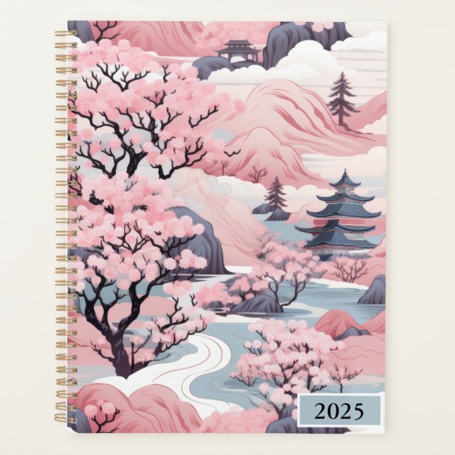 Planificador de paisajes japonés rosa y gris 2025 (Anverso)