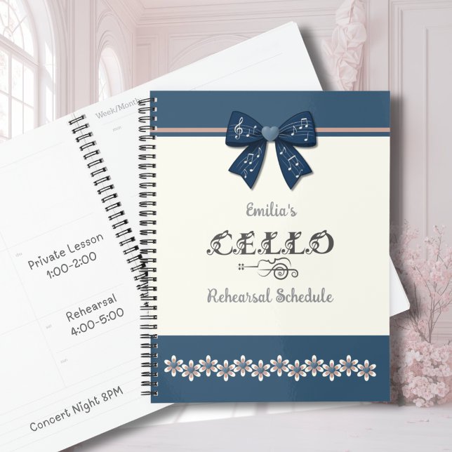 Planificador de partituras de violonchelo con lazo (Sweet navy floral cello planner for teen girls to organize music lessons and concert dates.)
