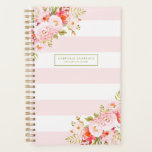 Planificador de Personalizados de franjas y peones<br><div class="desc">Ilustraciones de planificador femenino y elegante de peonías rosadas,  flores y follaje. Este planificador botánico rosa será perfecto como un regalo personalizado.</div>