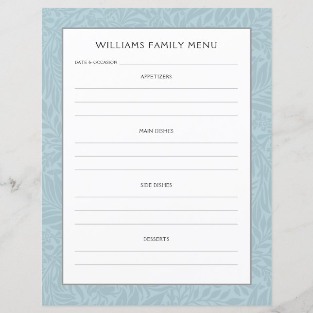 Planificador del menú Nombre de familia | Floral a (Anverso)