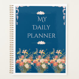 Planificador Diario Floral Azul Marino Elegante