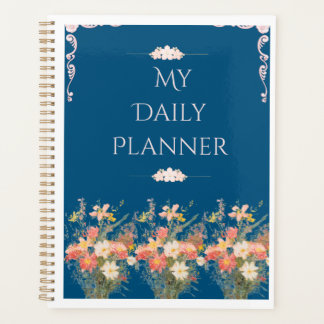 Planificador Diario Floral Azul Marino Elegante
