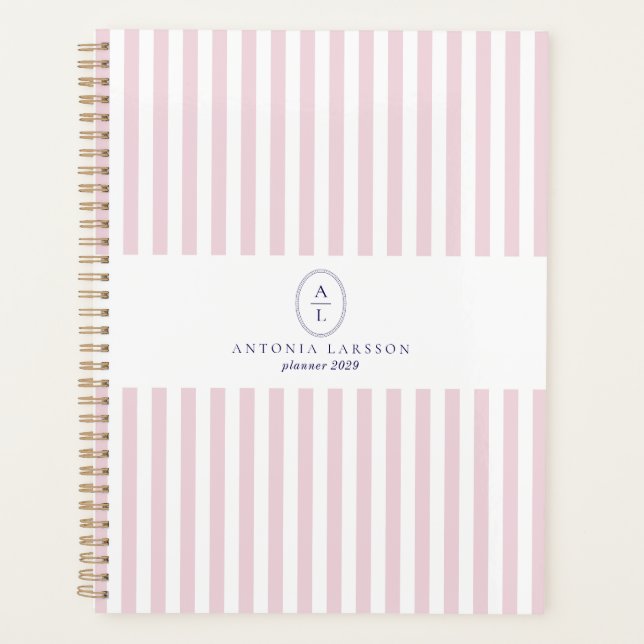Planificador Elegante Monogramado con Rayas Rosada (Anverso)