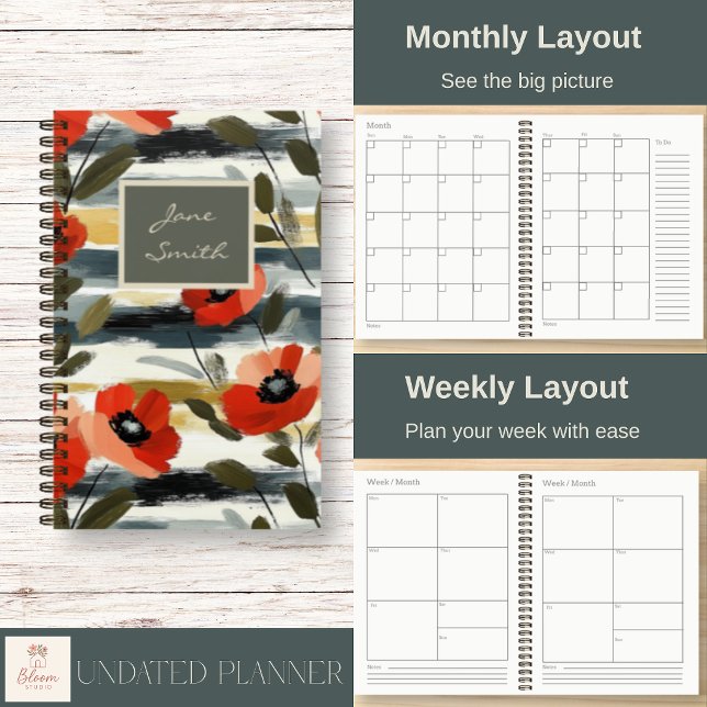 Planificador en espiral de amapolas rojas modernas (Beautiful on the outside. Practical on the inside. Personalize your cover and enjoy clear layouts.)