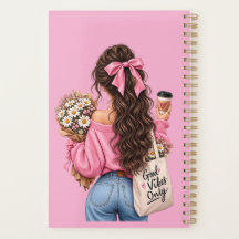Planificador en espiral de chica rosa con buenas v