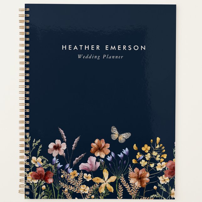 Planificador Floral de Flores Silvestres Boho Azul (Navy Blue Boho Wildflowers Wedding Planner with Butterfly by Painted Paperie
)