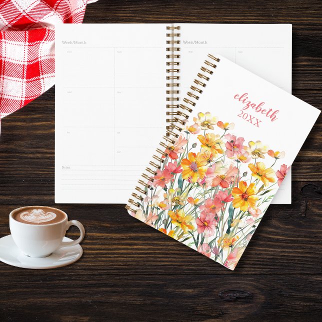 Planificador Floral de Flores Silvestres Rosadas A (Monogrammed name initials pink and yellow wildflowers floral yearly planner)