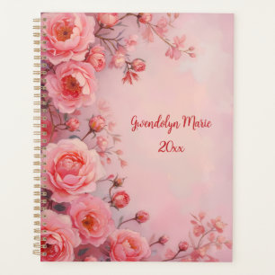 Planificador floral de rosas rosadas con encuadern