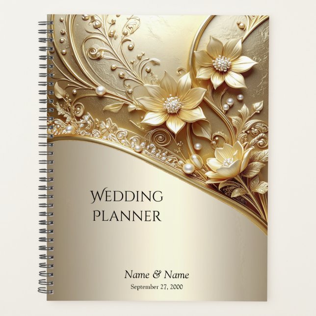 Planificador Floral Dorado Ornamental Moderno con  (Anverso)