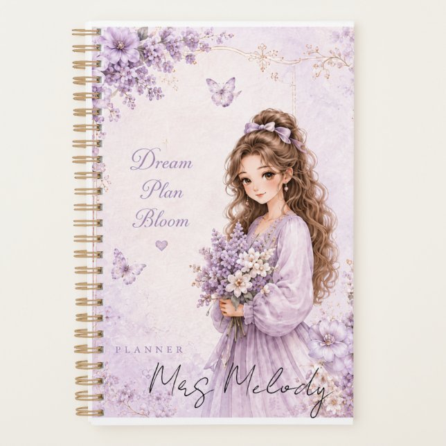Planificador Floral Morado de Seda Editable (Anverso)