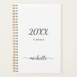 Planificador Minimalista Simple Blanco con Monogra<br><div class="desc">Planificador personalizado minimalista femenino simple limpio blanco con monograma de nombre firma escritura 2023 o cualquier año. Este diseño presenta su primer nombre en una hermosa tipografía de letra a mano con cola de florituras (o caligrafía) en negro sobre fondo blanco. Estos son fáciles de personalizar. Un regalo femenino con...</div>