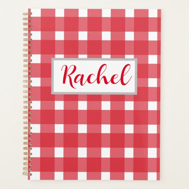 Planificador personalizado de Gingham blanco rojo (Anverso)