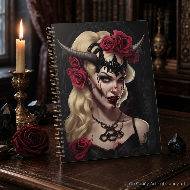 Planificador Semanal Gótico Babe Zombie - Estética (Zombie babe gothic planner in a candlelit setting with roses and crystals.)