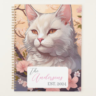 Planificador serene de gato blanco con nombre y añ