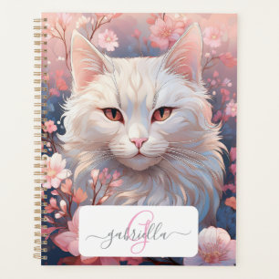 Planificador sereno de gato blanco con nombre y mo