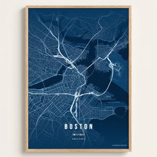 Plano Azul del Mapa de Boston Arte de Pared de la