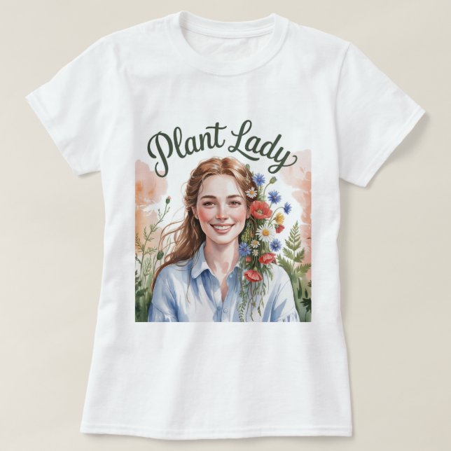 Plant Lady Watercolor Camiseta Blanca (Diseño del anverso)