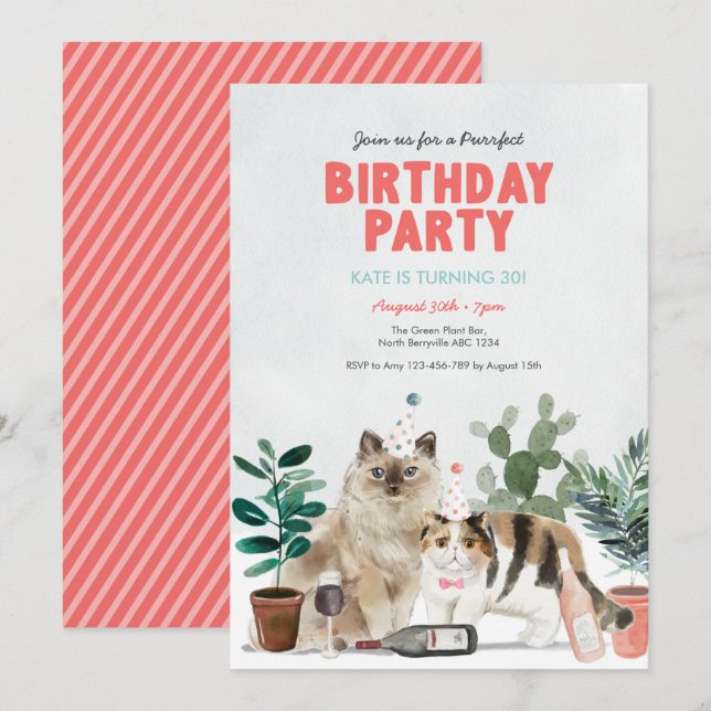 Plantas de gatos adultos y invitación al cumpleaño (Anverso / Reverso)