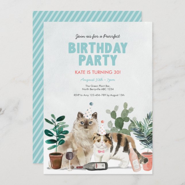 Plantas de gatos y invitación al cumpleaños del vi (Anverso / Reverso)