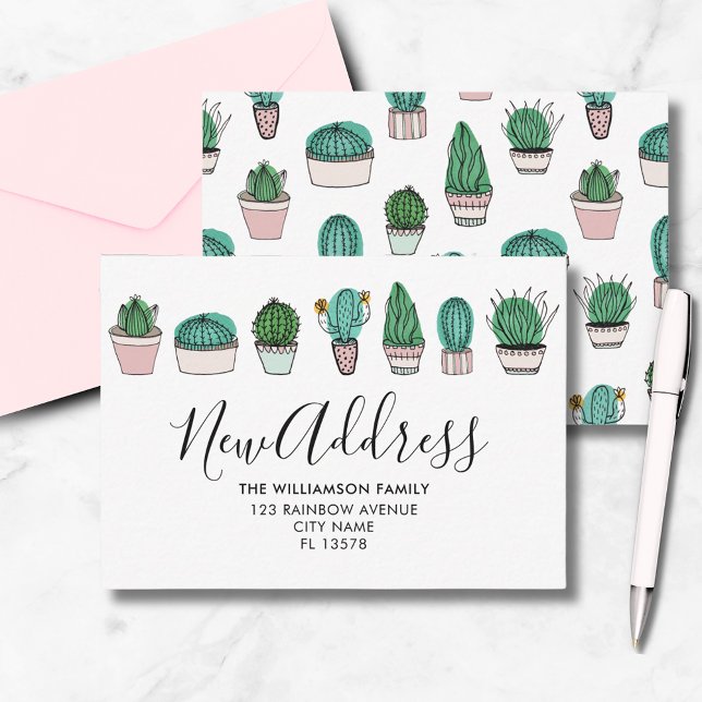 Plantas de Invitación móviles Cactus (Cactus house plant new home moving announcement notecard. From artists own illustrations.)