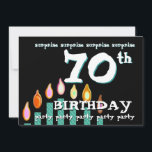 Plantilla 70º de invitación a fiesta de cumpleaños<br><div class="desc">Este diseño contemporáneo con sus tallarines de velas y nubes como si fueran letras es una manera divertida de invitar a la gente a una celebración de cumpleaños SORPRESA. ¡ Añada el año de cumpleaños, el nombre del invitado celebrado y detalles fiestas! Puede experimentar con diferentes tipos de papel haciendo...</div>