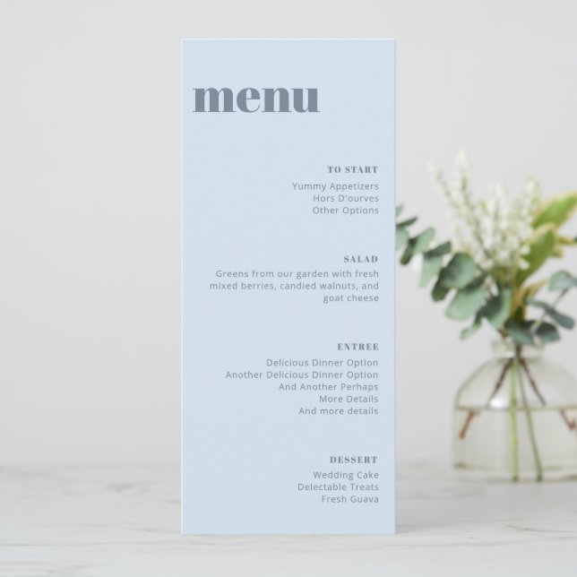 Plantilla alta de menú de cena de boda azul suave  (Anverso de pie)