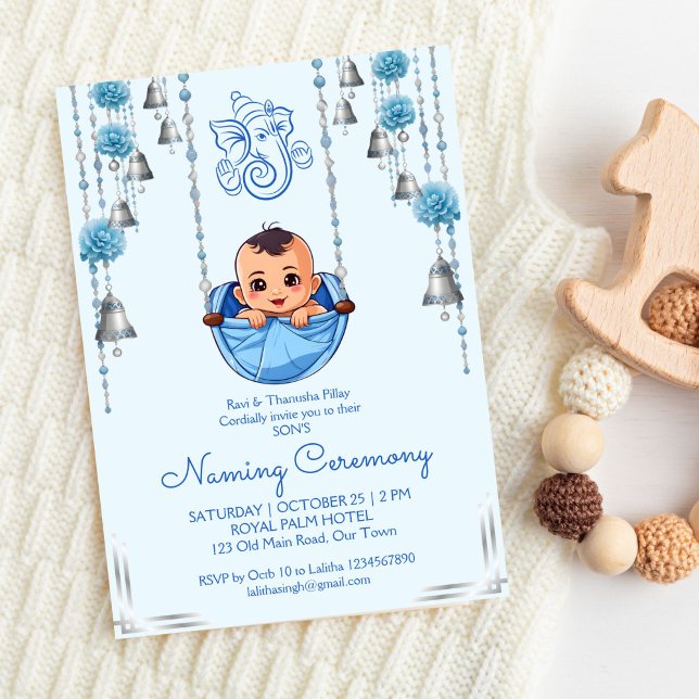 Plantilla azul de la ceremonia de cuna de nombres  (Baby Naming Cradle Indian Namkarana Ceremony blue for a boy template invitation digital download)