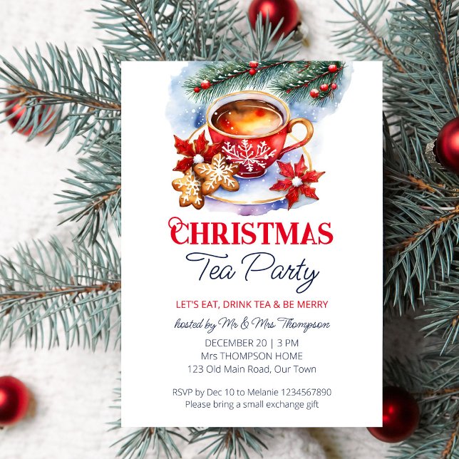 plantilla de acuarela de fiesta de té para navidad (Christmas tea party editable template invitation digital download watercolor tea cup pines cookies)