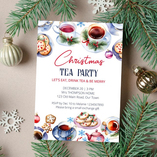 plantilla de acuarela de fiesta de té para navidad (Christmas tea party template invitation instant download watercolor tea cups and sauces cookies snow)