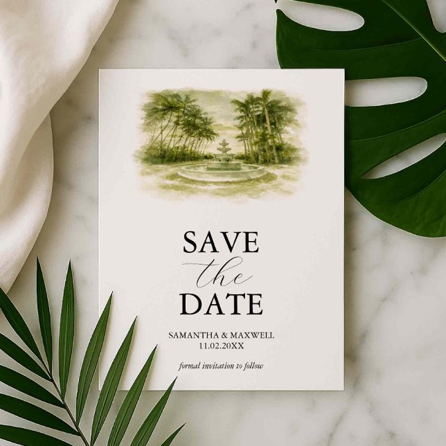 Plantilla de Aviso de Guardar la Fecha de Acuarela (Watercolor venue save the dates Gran Paraiso Gardens, FL by Victoria Grigaliunas of Do Tell A Belle)