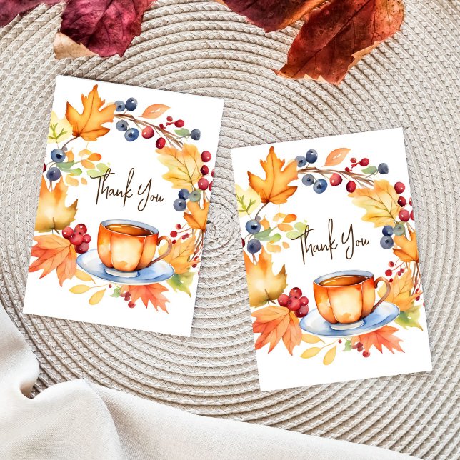 Plantilla de baby shower de otoño con tema de amor (Love is brewing fall themed bridal shower thank you card template pumpkin cup autumn leaves wreath)