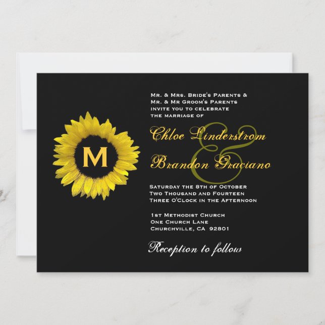 Plantilla de Boda amarillo y girasol negro brillan (Anverso)