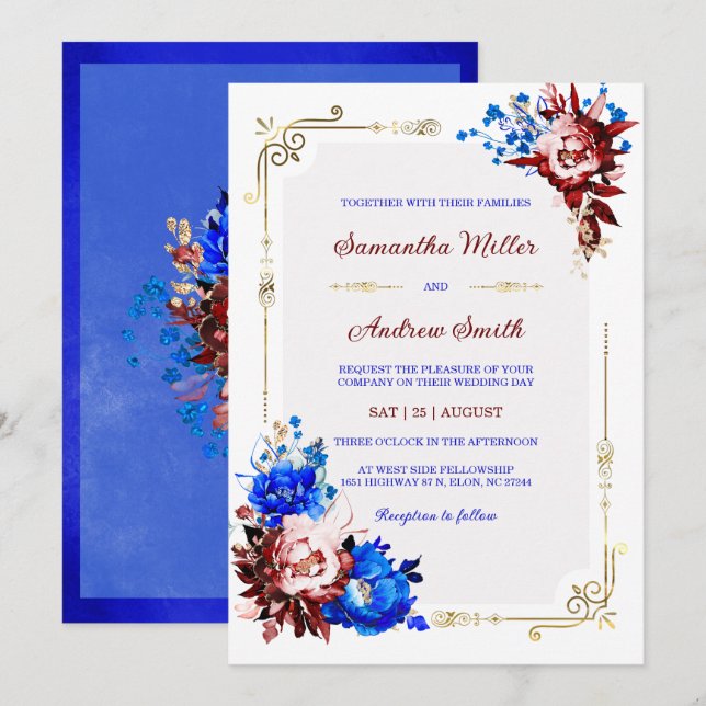 Plantilla de Boda Azul Real y Burdeos (Anverso / Reverso)
