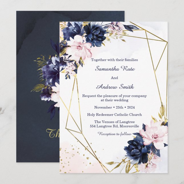 Plantilla de Boda azul real y Rubor (Anverso / Reverso)