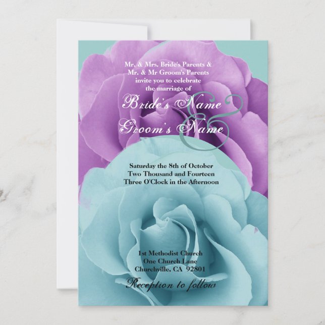 Plantilla de Boda azul turquesa y Rosa púrpura (Anverso)