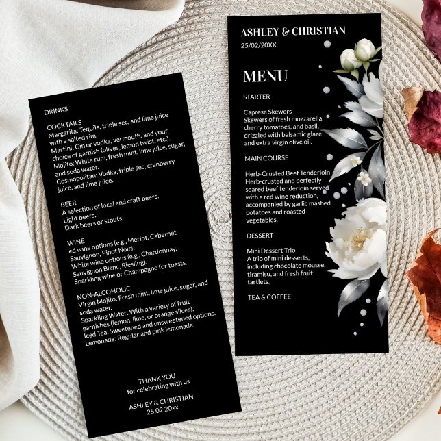 Plantilla de boda boho elegante en blanco y negro (Black and white elegant boho wedding template menu card white silver peonies black menu cards)