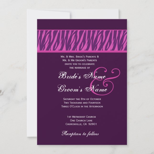 Plantilla de Boda de cebra morada y fuchsia (Anverso)