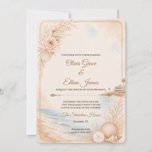 Plantilla de boda de playa con acuarela editable (Anverso)