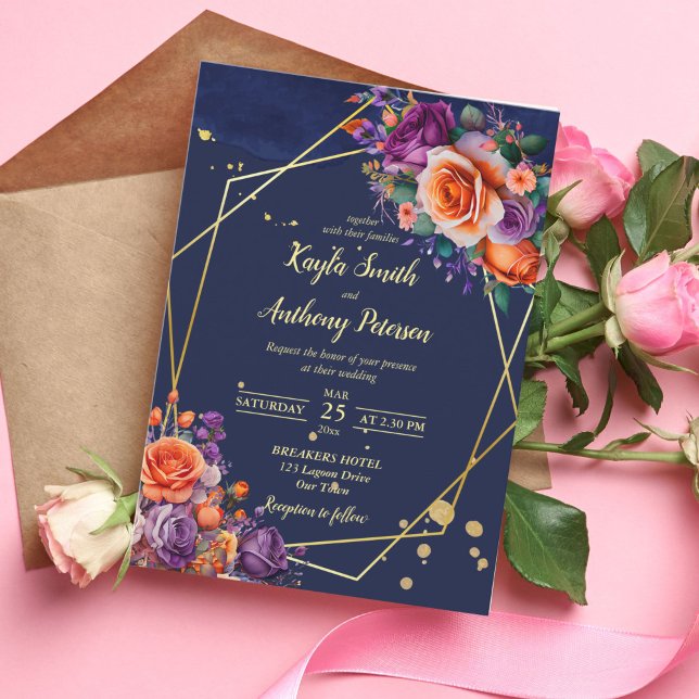 Plantilla de boda de rosas púrpura naranja azul de (Subido por el creador)
