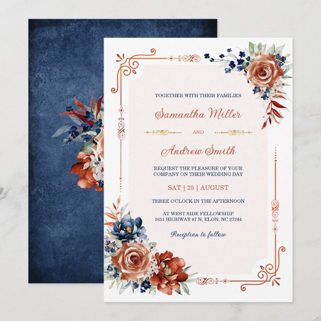 Plantilla de boda dorada azul marino y naranja que (Anverso / Reverso)