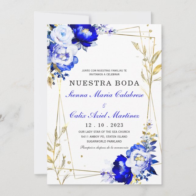 Plantilla de boda en azul real y dorado (Anverso)