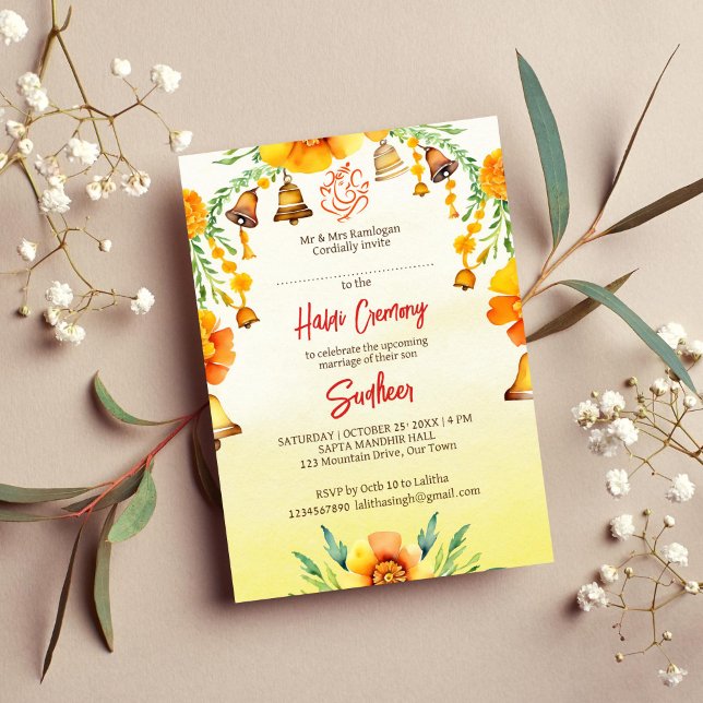 Plantilla de boda hindú de Haldi marigolds y campa (Haldi Indian wedding marigold and bells template invitation instant digital download yellow Ganesha)